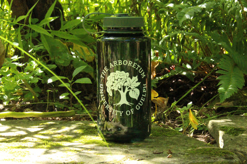 The forest-green Nalgene 32oz water bottle, with a white Arboretum logo on it, on a stone, against a background of ferns and other plants.