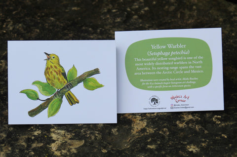 Greeting Card with Envelope. The front of the card features beautifully illustrated Yellow Warbler?. The back includes the name of the creature as well as the following text "This beautiful yellow songbird is one of the most widely distributed warblers in North America. Its nesting range spans the vast area between the Artic Circle and Mexico".  The inside of the card is blank. Illustrations are by local artist Mieke Boecker.