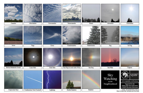 Front side of Biodiversity Sheet - Contains 26 labelled images of Sky Watching
