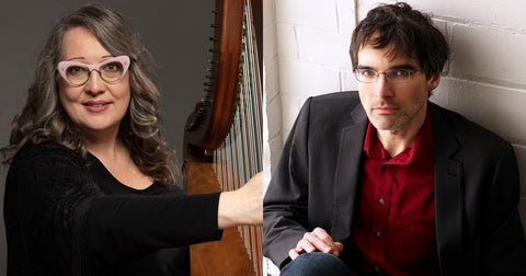 Sharlene Wallace, a woman with glasses, curled long hair and a black long-sleeved shirt, holding a harp instrument. Next to her, Frank Horvat, a man with short dark hair and glasses, and a red dress shirt with a grey jacket.