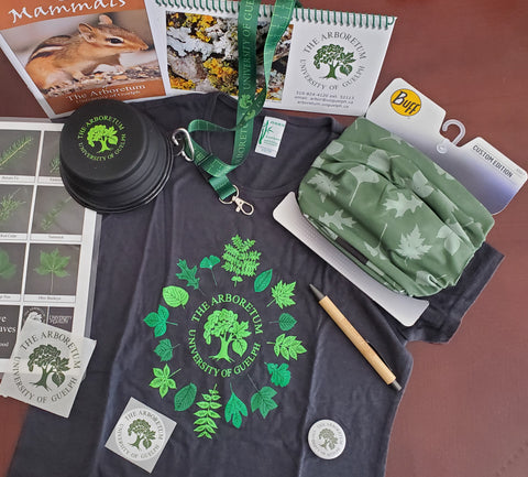 image of a t-shirt, bowl, buff, lanyard, calendar, stickers, bio sheet, pencil and booklet