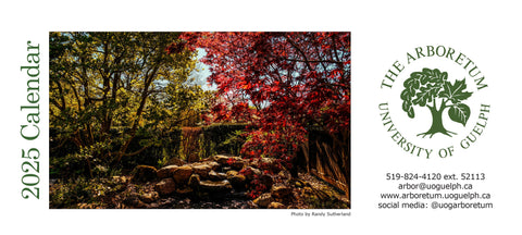 The cover page of the 2025 calendar. The Japanese Garden is featured, with a vibrant red japanese maple tree hanging over a stone waterfall.