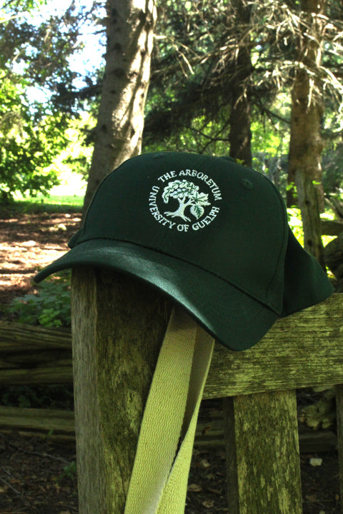 A forest-green ball cap hat, with an embroidered Arboretum tree logo and text "The Arboretum, University of Guelph" on the front. The hat sits on the backrest of a wooden bench in a forest.