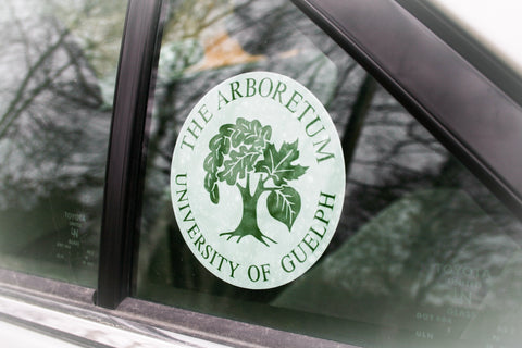 White with green logo window cling decal in rear car window